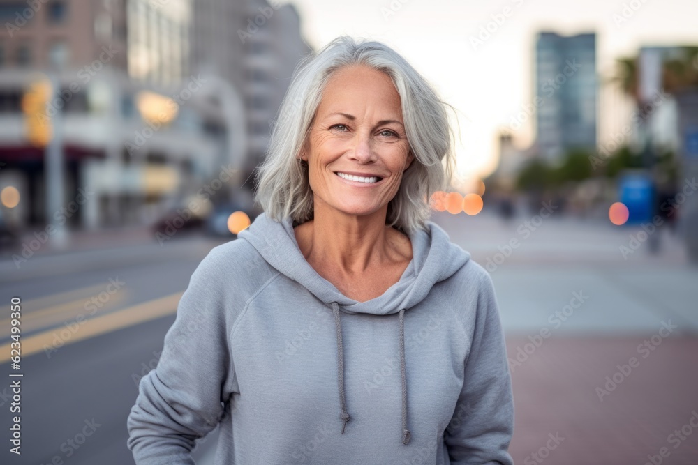 Three-quarter studio portrait photography of a satisfied mature woman wearing a comfortable hoodie against a lively downtown street background. With generative AI technology