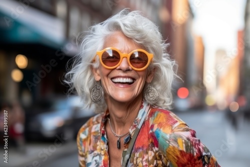 Medium shot portrait photography of a grinning old woman wearing a trendy sunglasses against a lively downtown street background. With generative AI technology © Markus Schröder