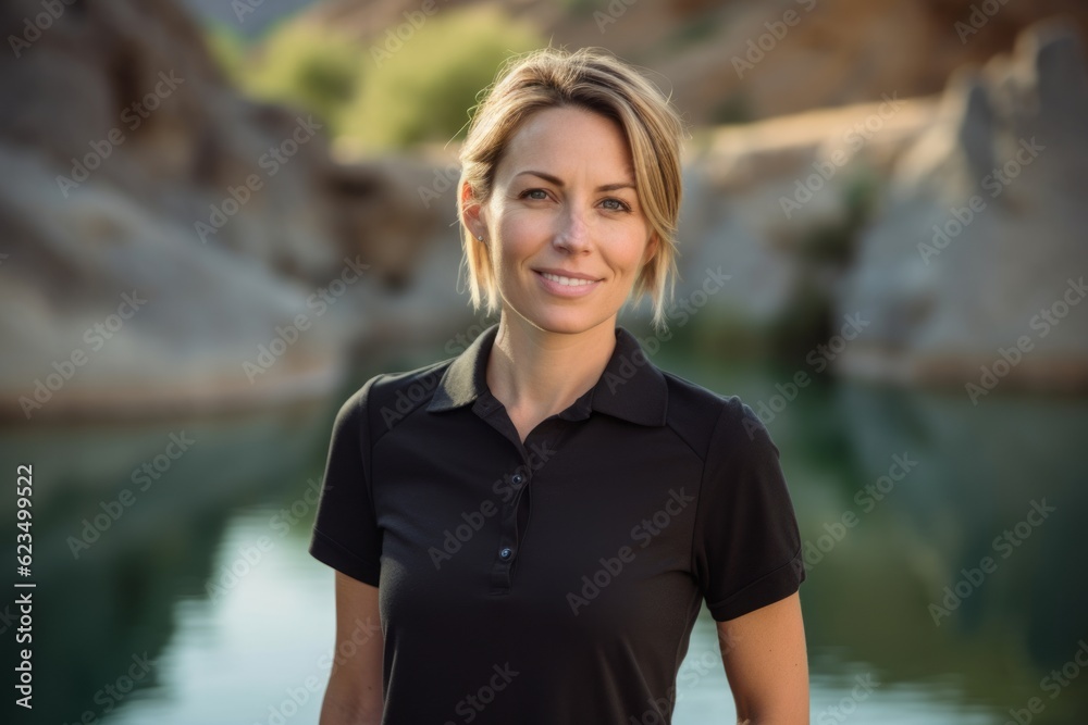 Casual fashion portrait photography of a glad girl in her 30s wearing a sporty polo shirt against a scenic hot springs background. With generative AI technology