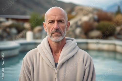 Studio portrait photography of a satisfied mature man wearing a comfortable tracksuit against a scenic hot springs background. With generative AI technology