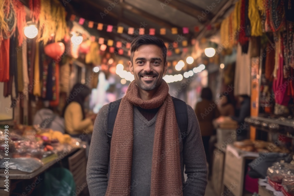 Eclectic portrait photography of a satisfied boy in his 30s wearing a cozy sweater against a bustling outdoor bazaar background. With generative AI technology