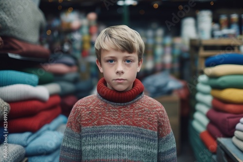 Photography in the style of pensive portraiture of a tender boy in his 30s wearing a cozy sweater against a bustling outdoor bazaar background. With generative AI technology