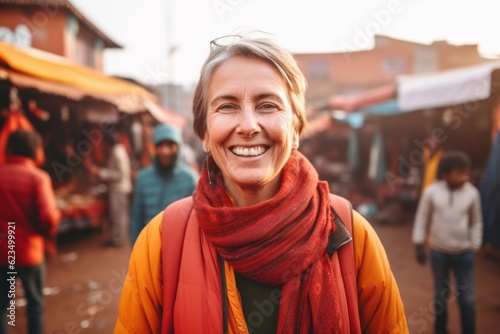 Wallpaper Mural Environmental portrait photography of a grinning mature woman wearing a comfortable tracksuit against a bustling outdoor bazaar background. With generative AI technology Torontodigital.ca