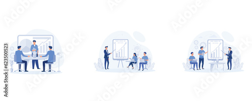 business workflow concept, teamwork having a   meeting,  business presentation. digital workspace, set flat vector modern illustration