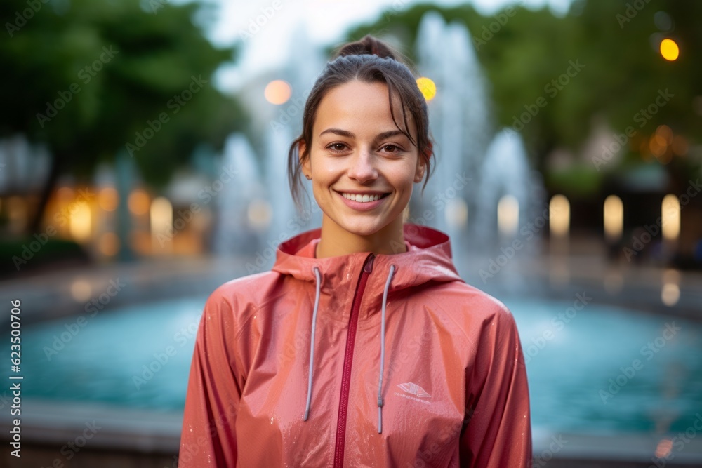 Studio portrait photography of a glad girl in her 30s wearing a comfortable tracksuit against a vibrant city fountain background. With generative AI technology