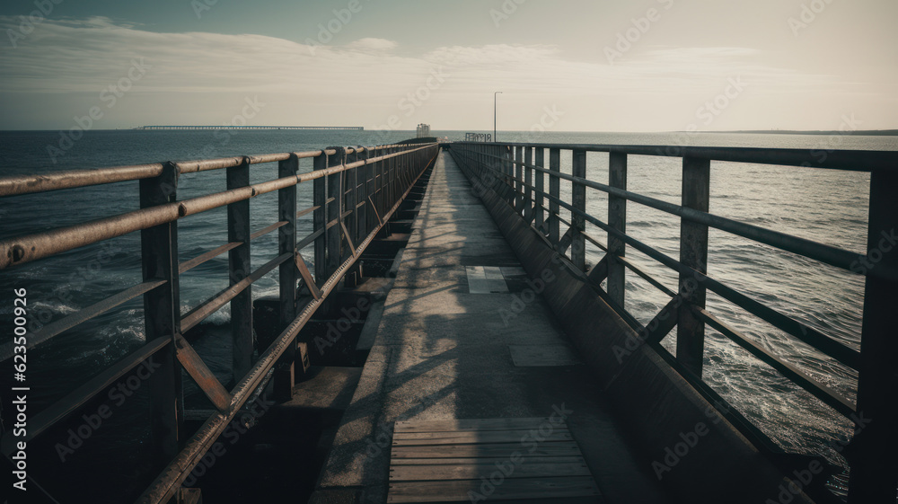 Empty bridge overlooking the sea. Generative AI