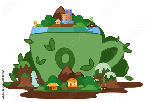 Garden figure of a cup, shrub sculpture green color with houses, trees and mountains above. Artistic pruning of the bush in the shape of a coffee cup with a handle. Park design green grass element