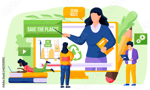 Online lesson in ecology. Video about the use of eco-friendly shopping bags. The girl looks at the screen with the teacher explaining a new topic about the environment. Save the planet concept