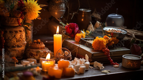 A candlelit shrine with offerings  capturing the essence of devotion and reverence Generative AI