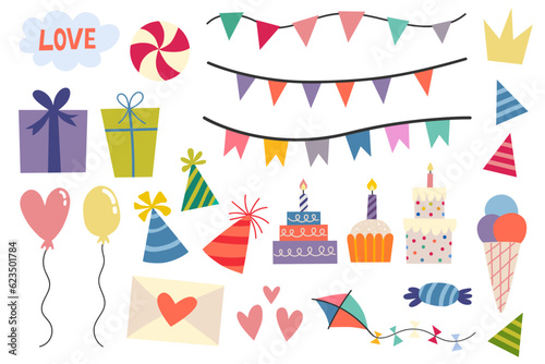 Happy birthday elements set. Festive decoration items, gift boxes, balloons, cakes, candles for holiday celebration. Presents, garlands, party hats bundle. Colorful isolated flat vector illustrations
