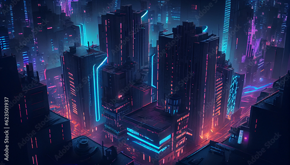 Stunning aerial view on night neon big city. Cyber punk background Ai generated image