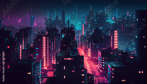 Stunning aerial view on night neon big city. Cyber punk background Ai generated image