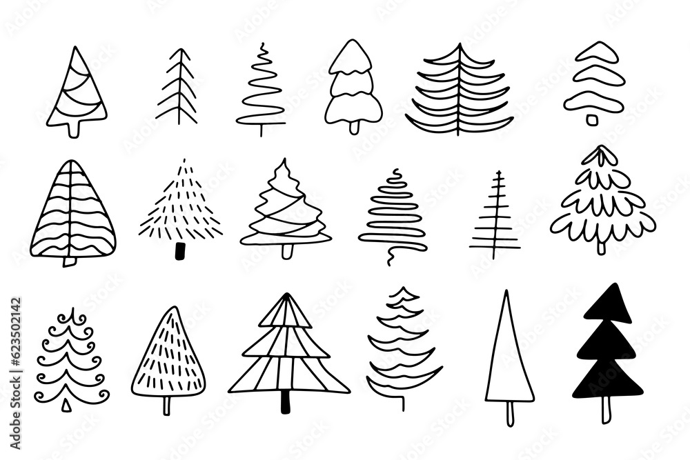 Black hand drawn doodle set of abstract christmas trees on white