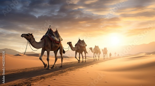 Delivery of goods and cargo to cities where there are no roads. Caravan in the desert in the rays of the sun at sunset. © Stavros