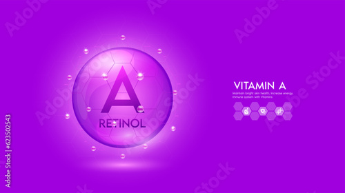 Vitamin A purple solution or Retinol. Innovation repair maintain bright skin care anti aging. Vitamins complex and collagen serum. For medical beauty treatment nutrition cosmetic design. Vector.