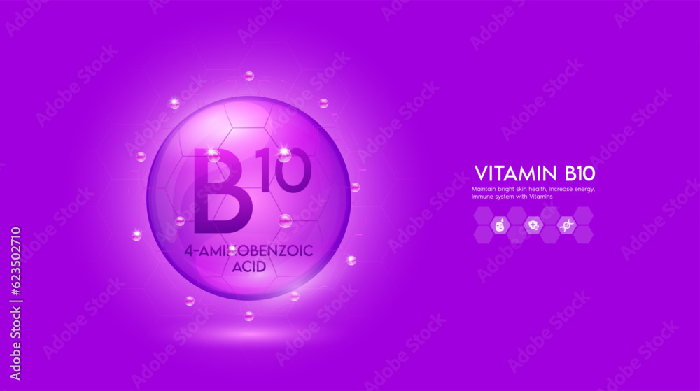 Fototapeta premium Vitamin B10 purple solution. Innovation repair maintain bright skin care anti aging. Vitamins complex and collagen serum. For medical beauty treatment nutrition cosmetic design. Vector.