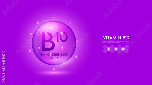 Vitamin B10 purple solution. Innovation repair maintain bright skin care anti aging. Vitamins complex and collagen serum. For medical beauty treatment nutrition cosmetic design. Vector.