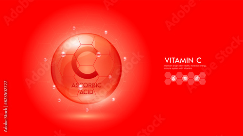 Vitamin C red solution or Ascorbic Acid. Innovation repair maintain bright skin care anti aging. Vitamins complex and collagen serum. For medical beauty treatment nutrition cosmetic design. Vector