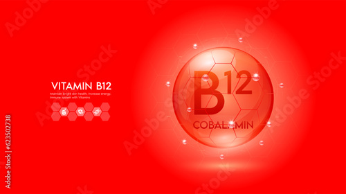 Vitamin B12 red solution or Cobalamin. Innovation repair maintain bright skin care anti aging. Vitamins complex and collagen serum. For medical beauty treatment nutrition cosmetic design. Vector