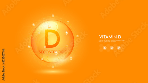 Vitamin D orange solution or Secosteroids. Innovation repair maintain bright skin care anti aging. Vitamins complex and collagen serum. For medical beauty treatment nutrition cosmetic design. Vector.