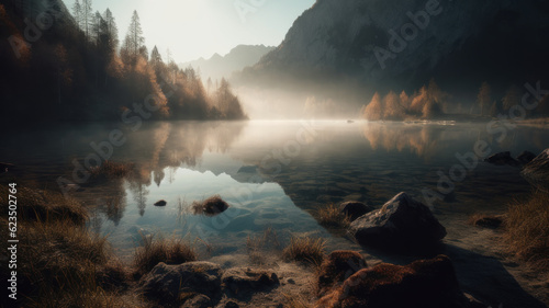 Fantastic Sunrise Scene with Fog Over Lake at azure alpine lake. Generative AI © Matthew