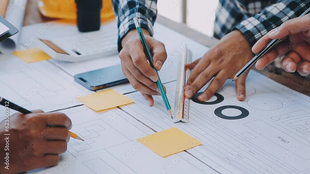 Engineer Teamwork Meeting, Drawing working on blueprint meeting for project working with partner on model building and engineering tools in working site, Construction and structure concept.