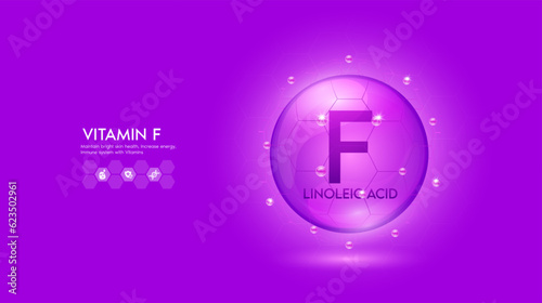 Vitamin F purple solution or Linoleic acid. Innovation repair maintain bright skin care anti aging. Vitamins complex and collagen serum. For medical beauty treatment nutrition cosmetic design. Vector.