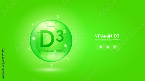 Vitamin D3 green solution. Innovation repair maintain bright skin care anti aging. Vitamins complex and collagen serum. For medical beauty treatment nutrition cosmetic design. Vector.