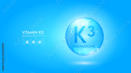 Vitamin K3 blue solution or Menadione. Innovation repair maintain bright skin care anti aging. Vitamins complex and collagen serum. For medical beauty treatment nutrition cosmetic design. Vector.
