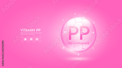 Vitamin PP pink solution or Nicotinamide. Innovation repair maintain bright skin care anti aging. Vitamins complex and collagen serum. For medical beauty treatment nutrition cosmetic design. Vector.
