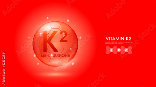 Vitamin K2 red solution or Menaquinone. Innovation repair maintain bright skin care anti aging. Vitamins complex and collagen serum. For medical beauty treatment nutrition cosmetic design. Vector