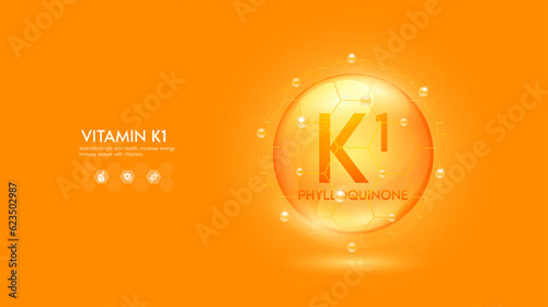 Vitamin K1 orange solution or Phylloquinone. Innovation repair maintain bright skin care anti aging. Vitamins complex and collagen serum. For medical beauty treatment nutrition cosmetic design. Vector