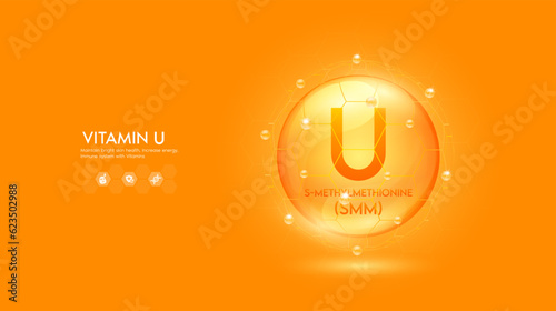 Vitamin U orange solution or S-Methylmethionine. Innovation repair maintain bright skin care anti aging. Vitamins complex and collagen serum. For medical beauty nutrition cosmetic design. Vector.