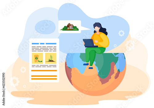 A woman sits on half of the globe with a laptop and reads a presentation on the ecological situation on the planet. Caring for the environment and the planet, stop pollution, to protect nature