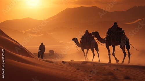 Photorealistic image of camels in the rays of the scorching sun at sunset.