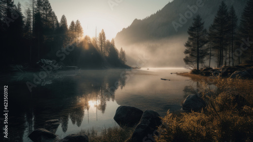 Fantastic Sunrise Scene with Fog Over Lake at azure alpine lake. Generative AI © Matthew