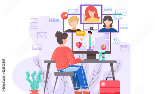 A girl sits at a computer on a group online medical consultation with a doctor. The therapist prescribes treatment and examines patients from a distance. Online health service. The medicine