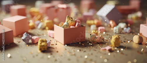 Close-up of gift boxes, colorful confetti, sparkles.Happy Holidays composition.Celebration background. Flat lay. Top view. cover for social networks, shopping mockup.Generative Ai