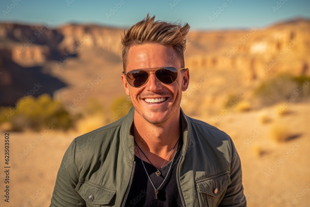 Lifestyle portrait photography of a grinning boy in his 30s wearing a trendy sunglasses against a picturesque desert oasis background. With generative AI technology Lifestyle portrait photography of a grinning boy in his 30s wearing a trendy sunglasses against a picturesque desert oasis background. With generative AI technology