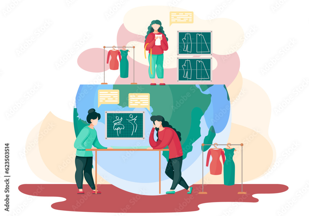Women make different clothes using red textile. Two women discussing the model of a new garment. A girl standing on the planet and looking at the measurements. Garment manufactory vector illustration