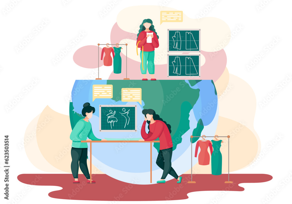 Women make different clothes using red textile. Two women discussing the model of a new garment. A girl standing on the planet and looking at the measurements. Garment manufactory vector illustration Women make different clothes using red textile. Two women discussing the model of a new garment. A girl standing on the planet and looking at the measurements. Garment manufactory vector illustration