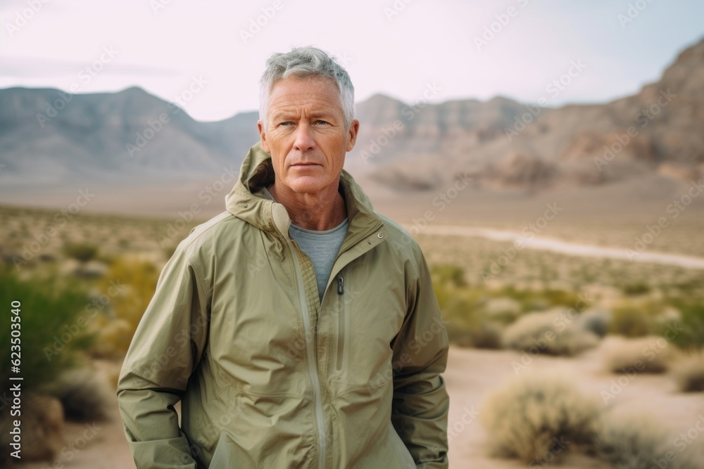 Lifestyle portrait photography of a satisfied mature man wearing a lightweight windbreaker against a picturesque desert oasis background. With generative AI technology