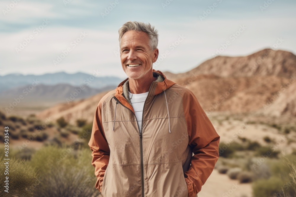 Lifestyle portrait photography of a satisfied mature man wearing a lightweight windbreaker against a picturesque desert oasis background. With generative AI technology