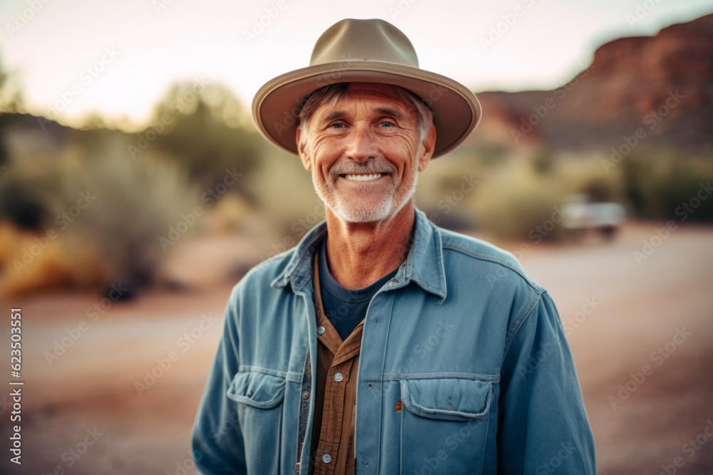 Environmental portrait photography of a glad mature man wearing a cool cap or hat against a picturesque desert oasis background. With generative AI technology