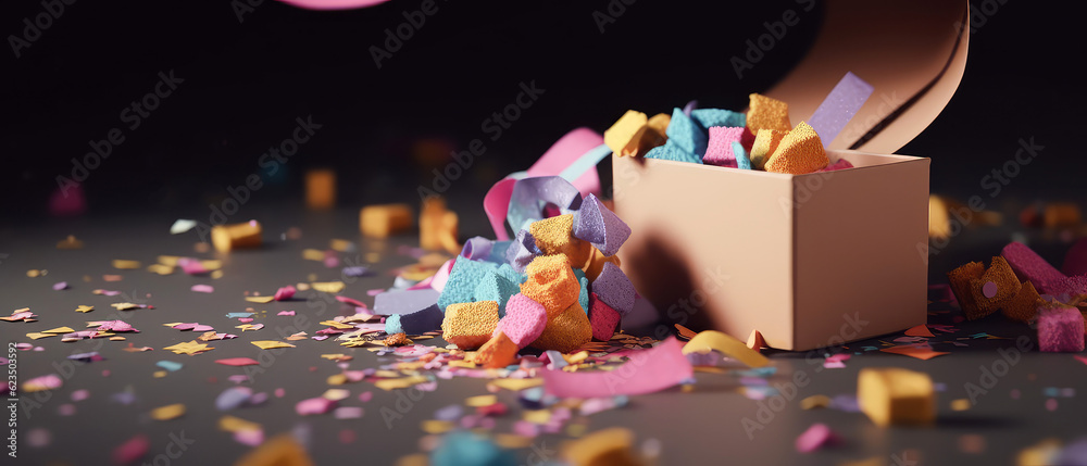 Close-up of gift boxes, colorful confetti, sparkles.Happy Holidays composition.Celebration background.  Flat lay. Top view. cover for social networks, shopping mockup.Generative Ai