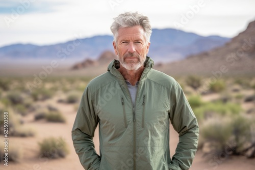 Lifestyle portrait photography of a satisfied mature man wearing a lightweight windbreaker against a picturesque desert oasis background. With generative AI technology