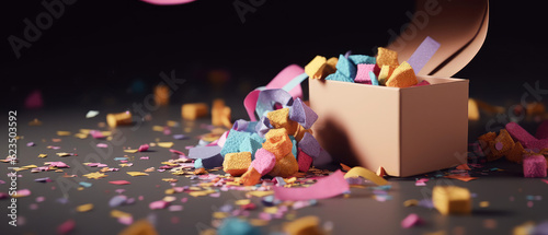 Close-up of gift boxes, colorful confetti, sparkles.Happy Holidays composition.Celebration background.  Flat lay. Top view. cover for social networks, shopping mockup.Generative Ai © Inai