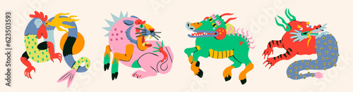 Monster or Beast set. Cute abstract characters. Cartoon trendy unique style. Hand drawn Vector illustration. Funny comic creatures. Tattoo idea, poster, print, design templates. Isolated elements