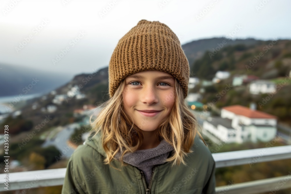 Lifestyle portrait photography of a joyful kid female wearing a warm beanie or knit hat against a scenic cliffside village background. With generative AI technology