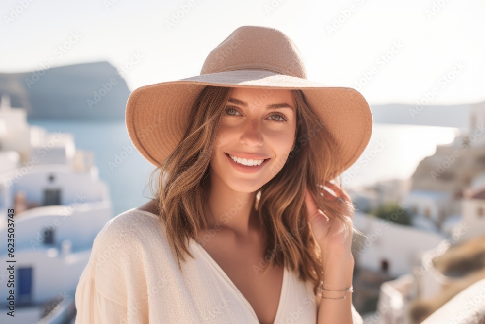 Close-up portrait photography of a happy girl in her 30s wearing a stylish sun hat against a scenic cliffside village background. With generative AI technology